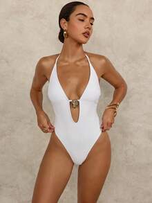 Swim Glamine 女款夏季海灘掛脖純色鏤空連身泳衣 - 白色 - 查看 3