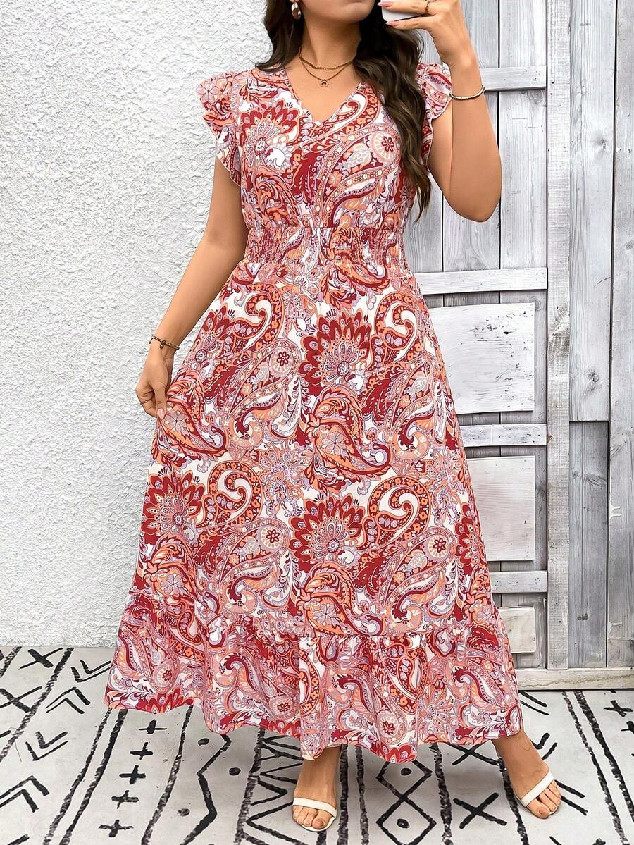 Levarali Plus Size Paisley Print Long Vacation Casual Dress Boho Summer ...
