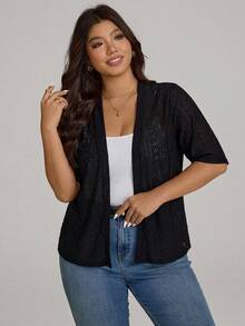 Comfylo Plus Size Women's Solid Color Casual Versatile Daily Wear Short Sleeve Cardigan - Black - View 6
