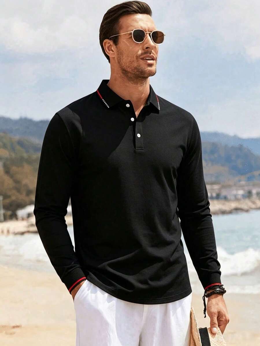 Manfinity Homme 男士條紋飾邊鈕扣休閒工作長袖 Polo 衫,男友禮物,秋季,正式 - 黑色 - 查看 1
