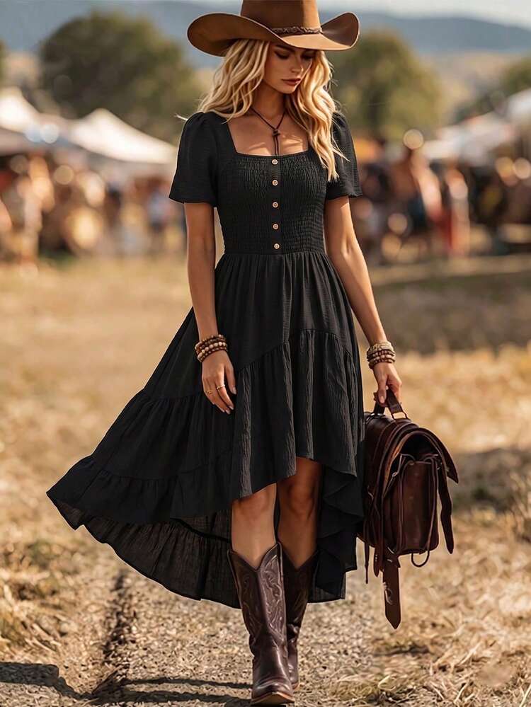 LanaWest Women's Solid Color Square Neck Ruched West Casual Boho Western Party Country Concert Dress Black Summer