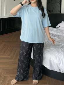 Dazy Plus Spring/Summer Home Wear 2-Piece Set Solid Color Loose T-Shirt Top And Floral Line Drawing Print Pajama Pants Sleepwear Set - Baby Blue - View 2