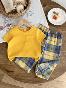 SHEIN 女嬰 0-3歲夏季&秋季休閒可愛風 2件/套外出套裝，純色布料短袖簡約上衣&格紋布料寬鬆簡約長褲。舒適衣著適合戶外活動。 - 黃色 - 查看 3