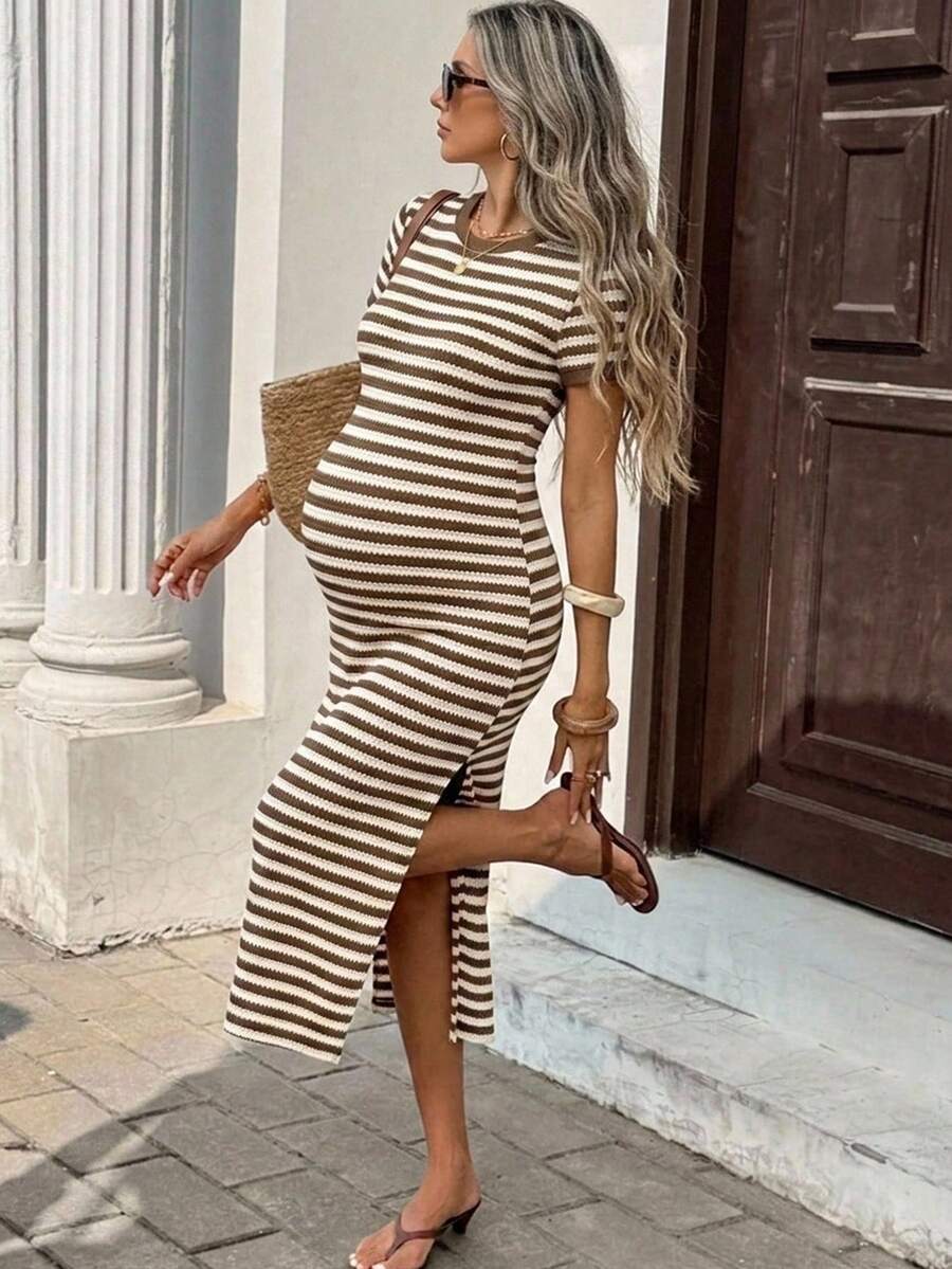 SHEIN Maternity Striped Round Neck Short Sleeve Side Slit Dress - Brown - View 1