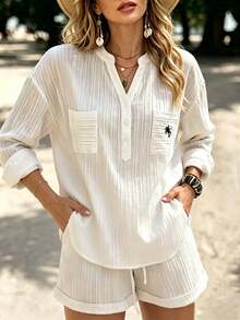 Vaclyn Plus Size Women's Notch V-Neck Knight Print Long Sleeve Top And Shorts Casual Everyday Set Vacation White Autumn Beach - White - View 8