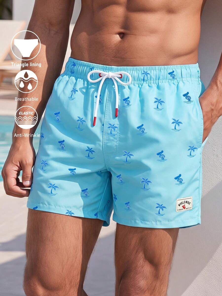 Manfinity Swimmode 男士抽繩腰頭滿版印花口袋休閒度假沙灘短褲 - 藍色 - 查看 1