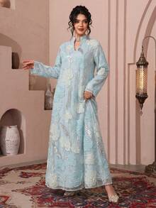 SHEIN Najma 女款刺繡珠飾網布休閒寬鬆日常長款睡袍 - 淺藍色 - 查看 3