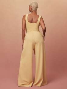 Vixey Solid Crepe Square Neck Drawcord Waist Wide Leg Jumpsuit, Elevated Casual Chic, Everyday Style, Off Duty Vacation Beige Summer Travel - Olive Green - View 2