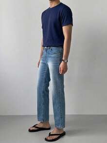 DAZY Camiseta de manga corta de unicolor en tela texturizada azul para hombre para el verano - Azul Marino - Ver 7