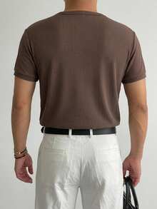 DAZY Men's Brown Solid Color Round Neck Half-Button Front Summer T-Shirt - Brown - View 2
