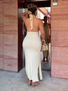Maria Perezxox Elegant Draped Neck High Slit Textured Fabric Dress Party Summer - Light Yellow - View 2
