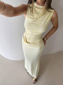 Aloruh Women's Colorblock Lace Stand Collar Pleated Fitted Elegant Tropical Sleeveless Dress Early Summer Long Back To School Teacher Outfit Vacation - Apricot - View 9