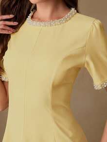 BELROSIE Women's Dress Waist-Cinching A-Line Pearl Beaded Round Neck Cuffs Princess Line Large Swing Elegant Vintage Old Money White And Gold Dinner Summer - Yellow - View 3
