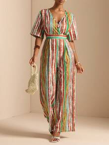 Vesra Women's Casual Tropical Boho Red Striped Jumpsuit For Vacation Summer Beach - Multicolor - View 4