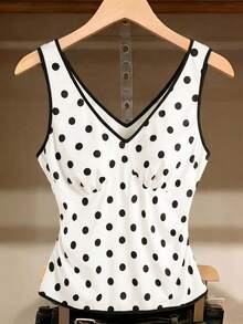 Franclia Women's Plus Size Sleeveless Casual 1950s Vintage Tank Top Polka Dot White Knit Top Elegant Inner Layer Vacation Summer Vacation - Black and White - View 1