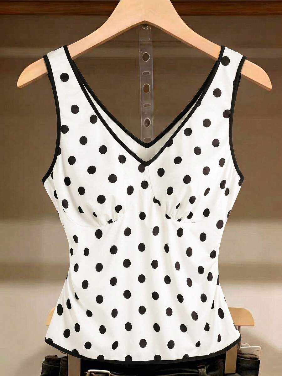 Franclia Women's Plus Size Sleeveless Casual 1950s Vintage Tank Top Polka Dot White Knit Top Elegant Inner Layer Vacation Summer Vacation - Black and White - View 1