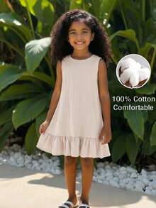 Young Girl Casual Fashion Woven Round Neck Sleeveless Ruched A-Line Dress - Apricot - View 1