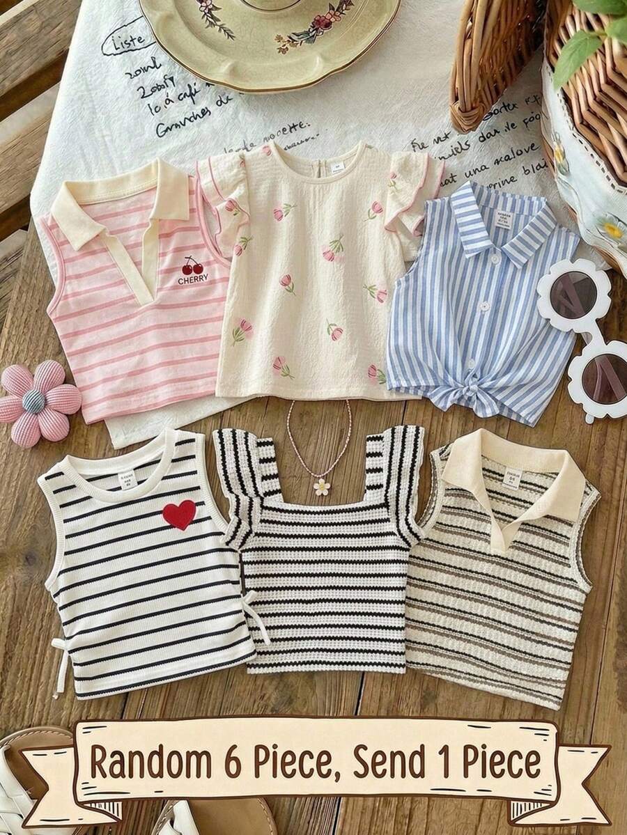 SHEIN 少女針織條紋休閒上衣、背心上衣、夏季、嬰兒、夏季上衣條紋 Polo 衫條紋上衣 - 粉色 - 查看 1