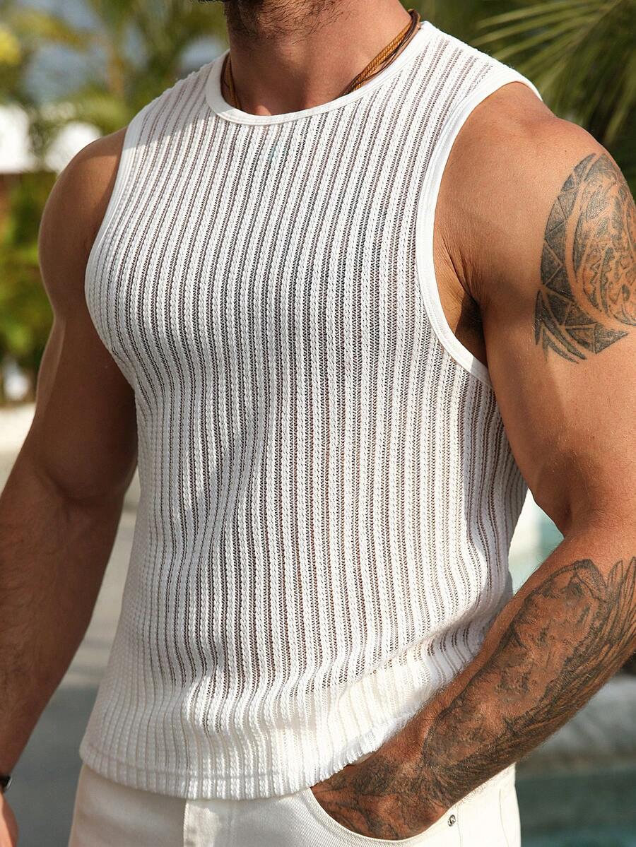 Manfinity Homme 男士大尺碼背心,夏季高品質簡約舒適提花條紋面料,小圓領背心,休閒度假、簡約辦公、朋友約會、派對聚會、宴會,適合正式或非正式場合,簡約百搭風格,適合自穿或送禮給朋友 - 白色 - 查看 1