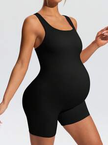 SHEIN 孕婦純色休閒日常運動連身褲 - 黑色 - 查看 8