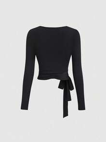 SHEIN EZwear 2026秋季新款 95%棉 時尚歐美性感簡約休閒運動健身彈性柔軟前開襟繫帶V領貼身長袖短版三件套純色優雅通勤女款T恤，四季皆宜，皮拉提斯、瑜伽運動T恤 - 彩色 - 查看 6