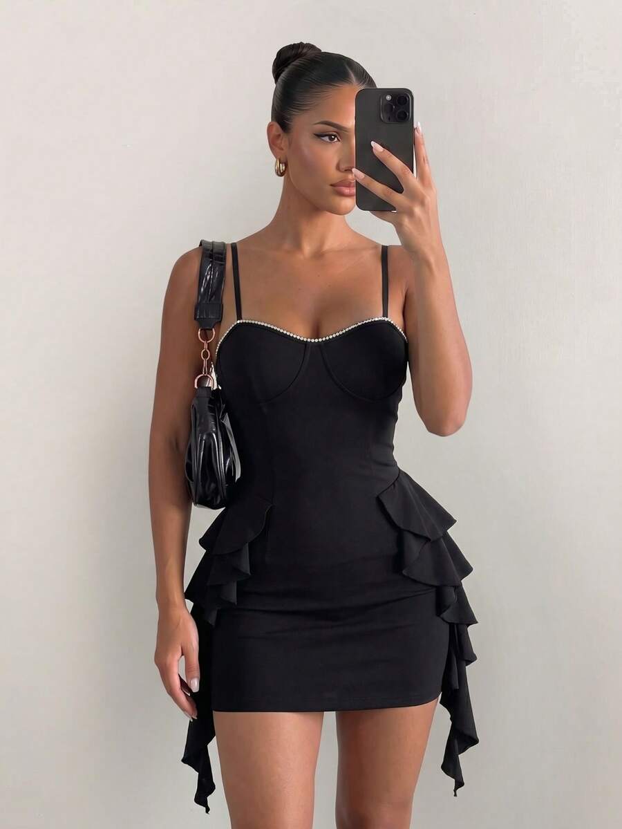 Sirith Women's Backless Dress With Ruffle Trimmed Spaghetti Straps Mini Short Women Outfit - Black - View 1