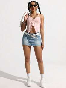SHEIN EZwear 女款休閒百搭牛仔迷你裙，附口袋與鈕扣，適合日常穿著 - 中等水洗藍 - 查看 3