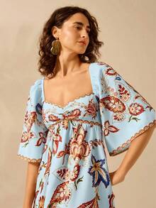 CAJUNI Women's Boho Tropical Floral Print, Vintage Holiday Casual Short Dress - Baby Blue - View 1