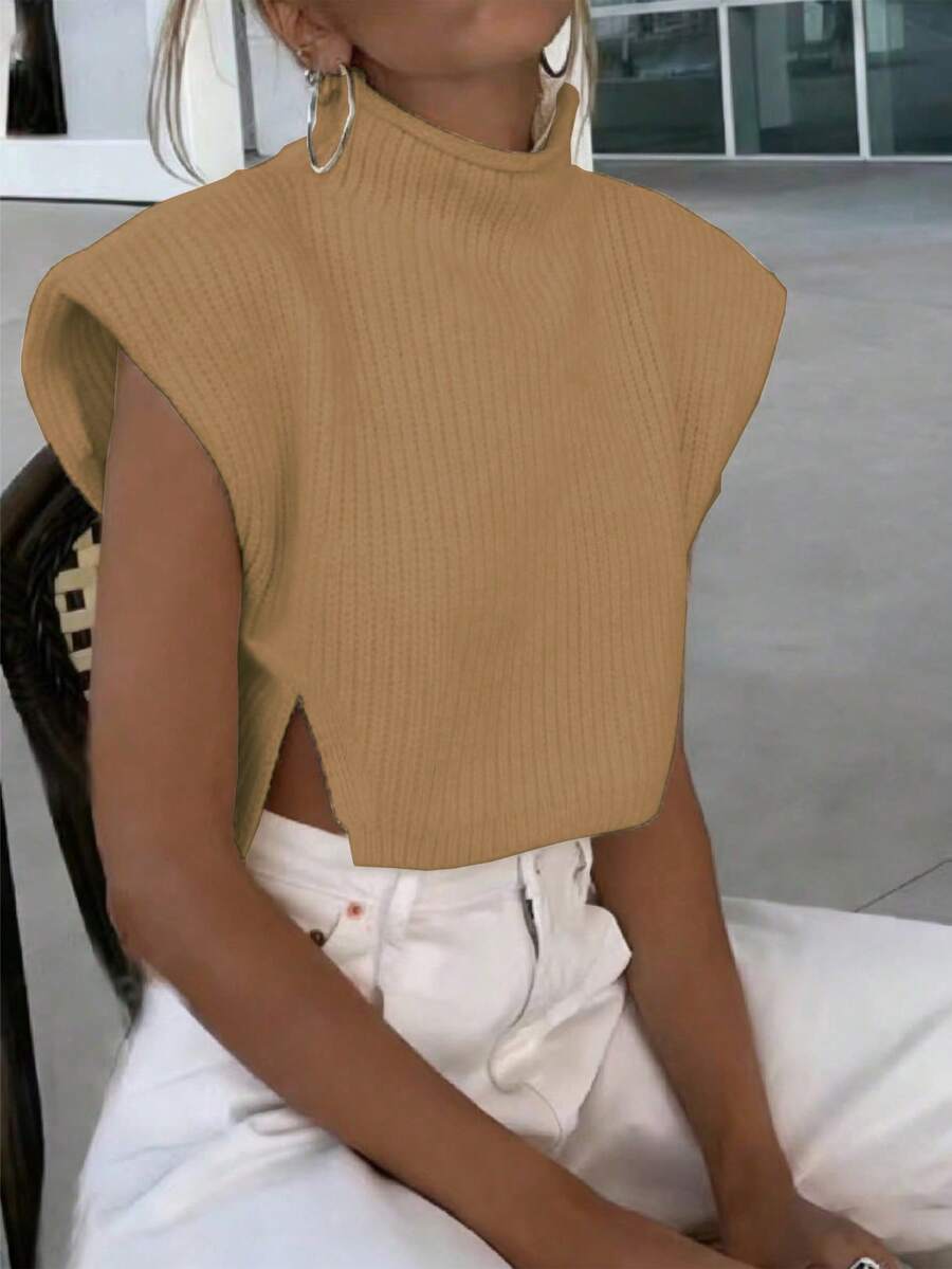 EMERY ROSE Women's Solid Color Stand Collar Casual Versatile Daily Wear Knit Top - Khaki - View 1