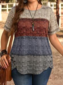 EMERY ROSE Plus Size Women's Round Neck Colorblock Casual Versatile Daily Wear T-Shirt - Multicolor - View 4