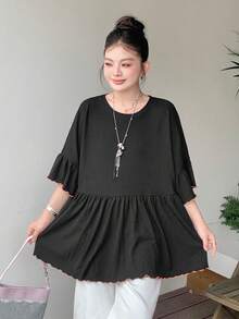 Dazy Plus Plus Size Colorblock Contrast Stitching Flared Sleeve Casual College Style Versatile Black Short Sleeve T-Shirt For Girls Summer - Black - View 5