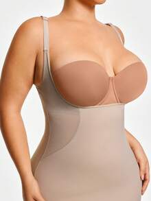 SHAPORA 1pc Plus Size Women Solid Color Low Cut Bodycon Dress - Apricot - View 3