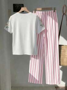 SHEIN Essnce 2件組刺繡圓領短袖上衣與條紋印花長褲，休閒風 - 彩色 - 查看 2