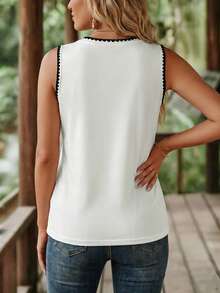 SHEIN Women's Summer Solid Color Round Neck Toothpick Pleat Decor Sleeveless Shell Embroidery Loose Casual Tank Top For Daily Commute And Workplace - Multicolor - View 2