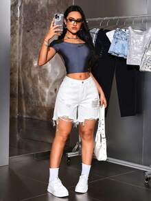 SHEIN ICON Summer Casual Solid Color Distressed Denim Shorts - White - View 7
