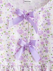 SHEIN Elladie kids 女童新款清新田園風細碎花兩件套，粉色蝴蝶結裝飾無袖背心上衣 + 粉色紋理布料寬腿長褲，甜美可愛時尚日常穿搭，夏季 - 紫色 - 查看 10