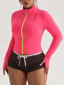 SHEIN Dewbera Spring/Autumn Plus Size Women's Sports Jacket, Dopamine Magenta Long Sleeve Regular Fit Stand Collar Contrast Color Neon Green Full Zip Solid Color Fashion Versatile, Suitable For Daily Casual, Running, Yoga, Gym, Tennis, Golf - Hot Pink - View 5