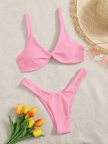 Swim Basics 女款純色打結背心上衣與三角比基尼泳褲兩件式泳衣套裝 - 粉色 - 查看 5