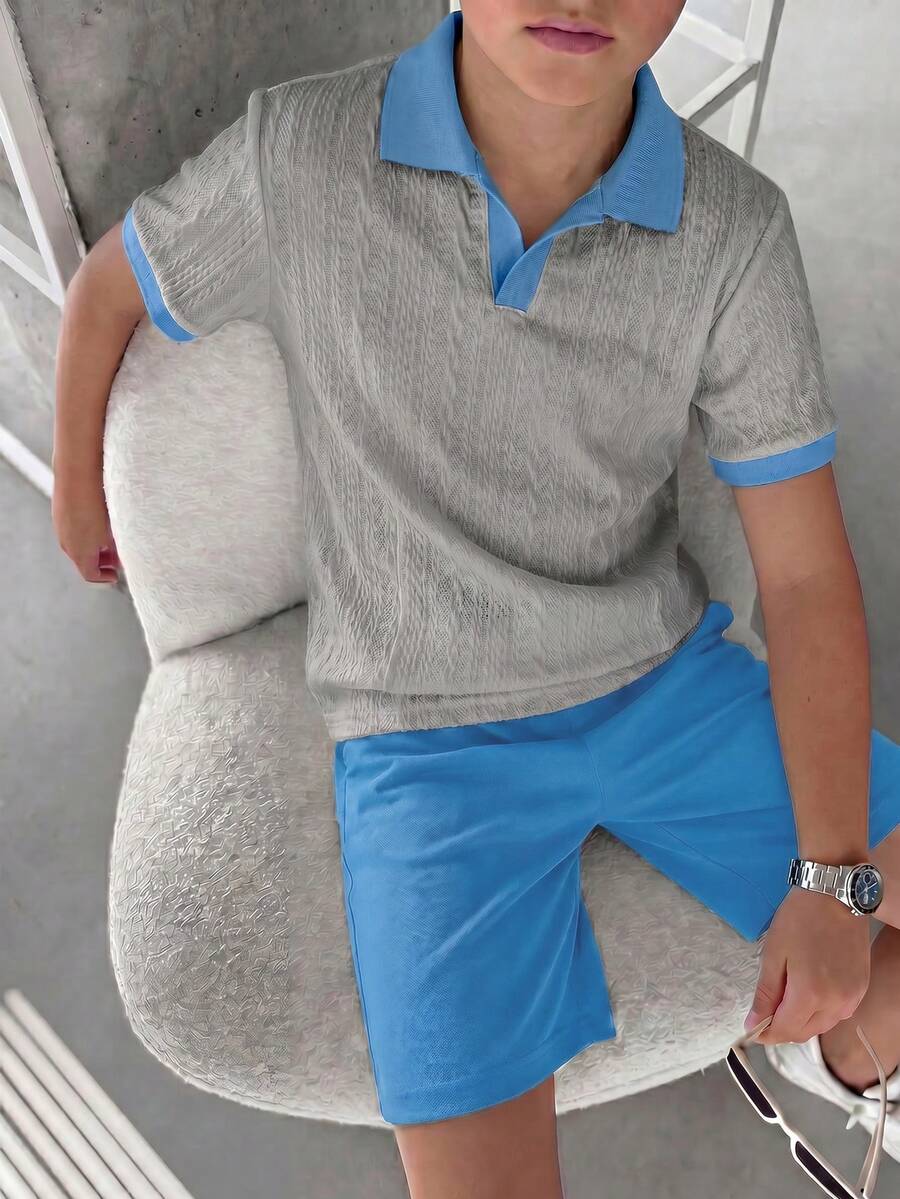 SHEIN 1件兒童青少年男童休閒日常紋理領套頭短袖寬鬆針織POLO衫,適合通勤、上學、日常休閒外出、運動,春夏季適用 - 灰色 - 查看 1