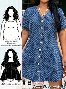 SHEIN CURVE+ 大尺碼夏季休閒前開扣牛仔洋裝 - 深色水洗藍 - 查看 1
