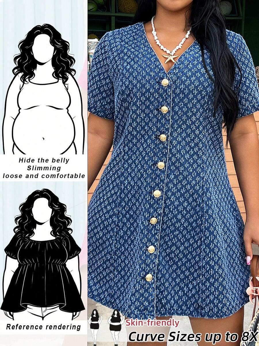 SHEIN CURVE+ 大尺碼夏季休閒前開扣牛仔洋裝 - 深色水洗藍 - 查看 1