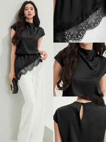 Heiryn Women's Solid Color Stand Collar Asymmetric Hem Contrast Lace Casual Elegant Blouse Office Black Summer - Black - View 2