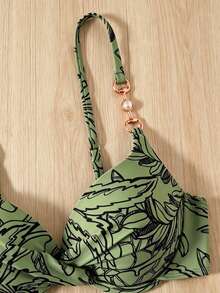 Swim Lushoire Springbreak 2pcs Women's Summer Beach Random Tropical Plant Print Push-Up Underwire Vintage Bikini Set - Olive Green - View 3