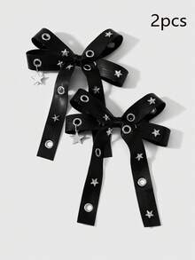 ROMWE Goth 2件組 Y2K 龐克暗黑風黑色皮革氣孔星形鉚釘手工雙蝴蝶結 DIY 鴨嘴夾髮夾組合套裝，姊妹配戴節日禮物 - 黑色-49 - 查看 2