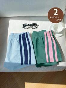 SHEIN 女嬰編織純色修身休閒下裝 2件套 - 淺藍色 - 查看 1