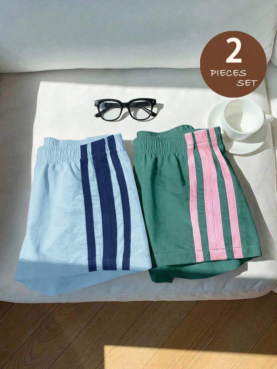 SHEIN 女嬰編織純色修身休閒下裝 2件套 - 淺藍色 - 查看 1