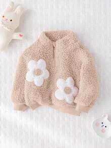 Cozy Pixies 女嬰花卉圖案立領長袖半拉鍊羊毛套衫，適合秋冬穿著 - 杏色 - 查看 6