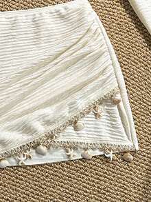 Bonvoyette Set Pakaian Pantai Dua Potong Motif Jacquard Lengan Panjang dengan Hiasan Payet dan Rumbai untuk Musim Semi/Panas - Krem - View 6