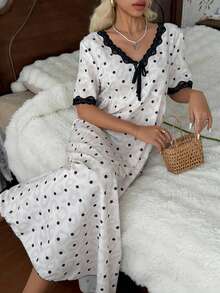 CottageSlumber Women's Standard Size Romantic Polka Dot Print Short Sleeve Nightgown, Lace Patchwork Design, Bow Tie Design, Comfortable Homewear - Apricot - View 1
