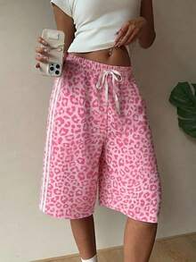 SHEIN EZwear 大码女装夏季休闲运动时尚街头风日常通勤豹纹撞色条纹侧边抽绳腰宽松短裤 - 彩色 - 查看 1